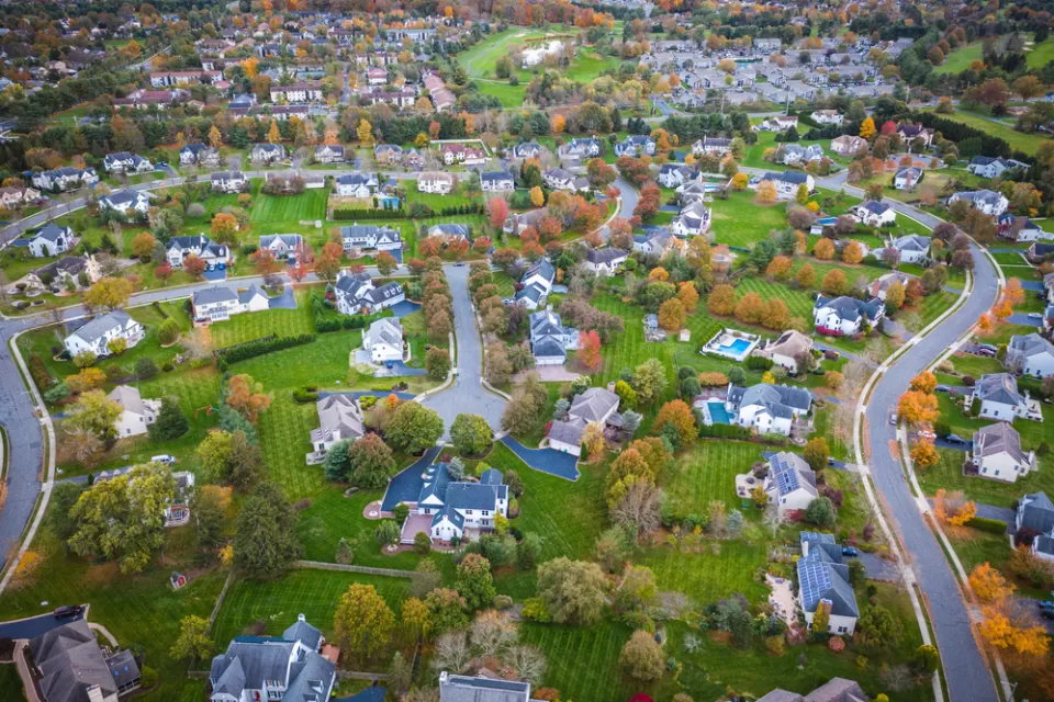 Aerial view of suburban homes in New Jersey.